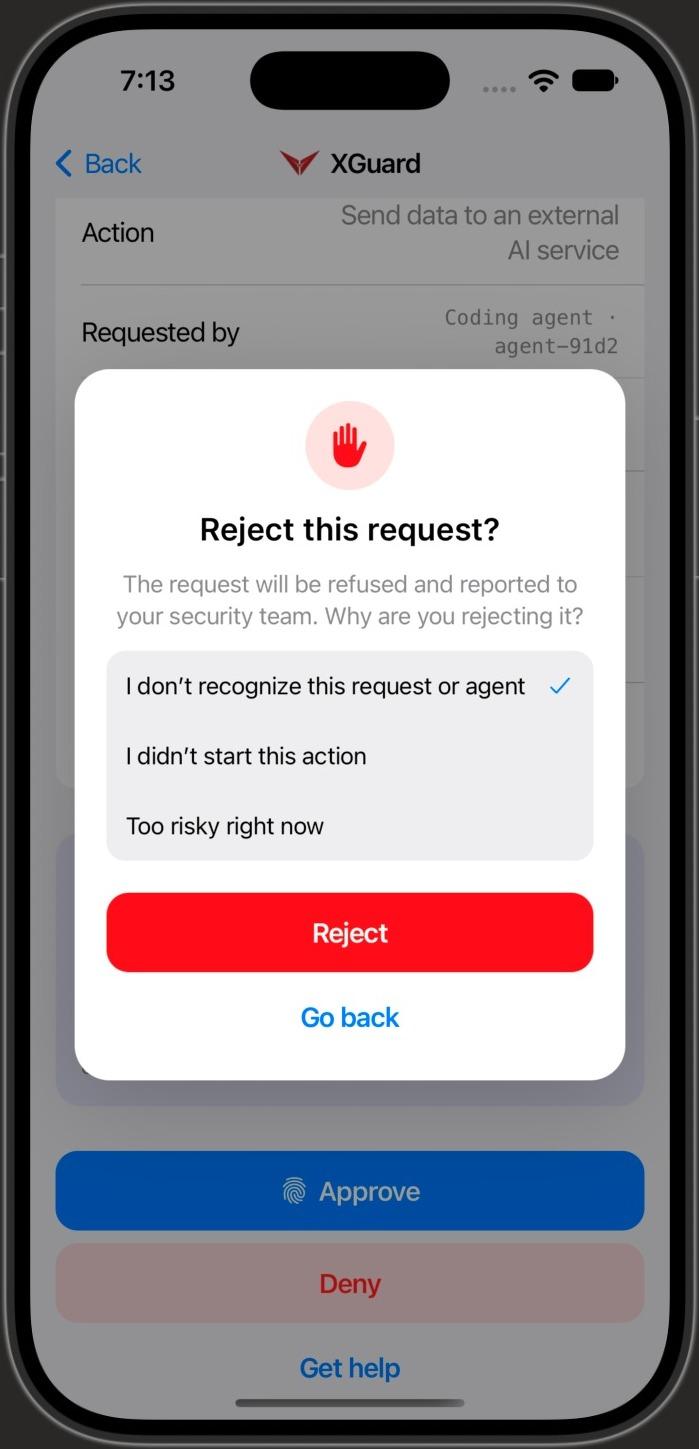 Solomon XGuard mobile approval request and rejection screen
